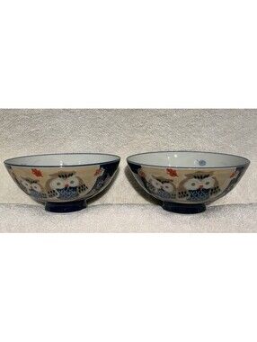 Japanese Ceramic Blue Owls 5.5”D x 2.5” Rice Bowls - Set of Two Very Nice Bowls